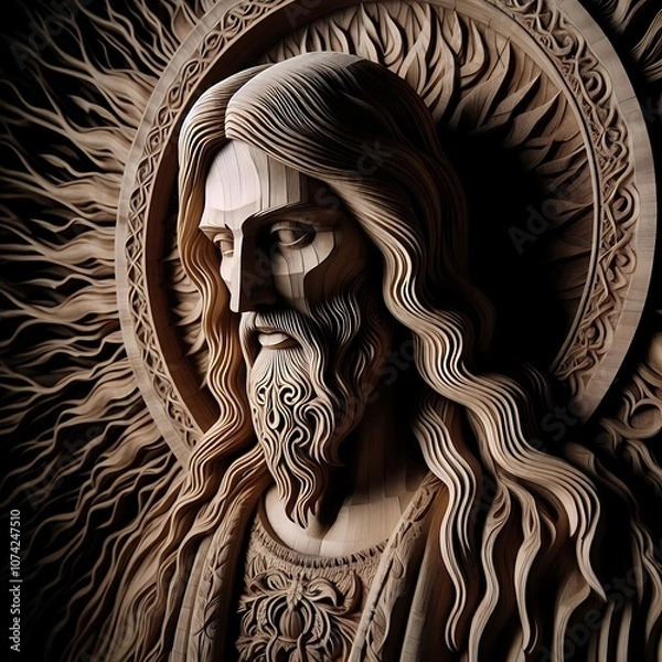 Fototapeta Illustration of wood art intricately to form a figure that appears to be Jesus Christ