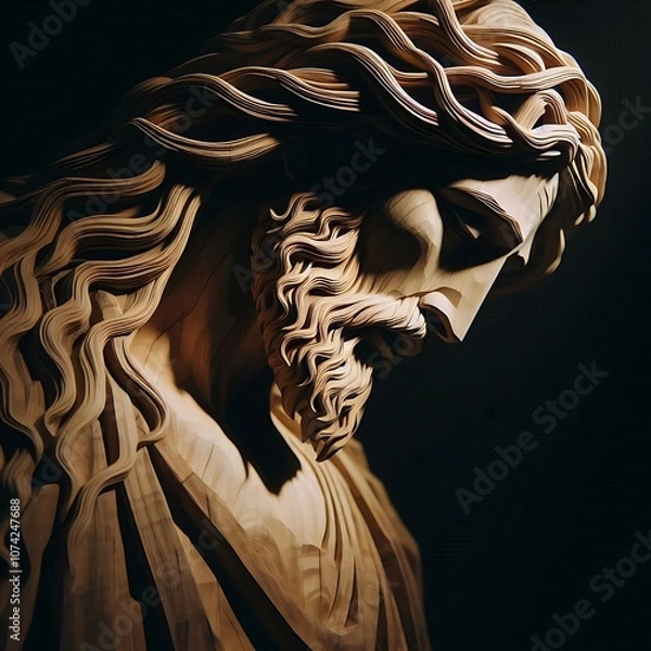 Fototapeta Illustration of wood art intricately to form a figure that appears to be Jesus Christ