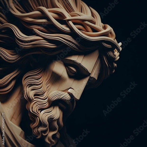 Fototapeta Illustration of wood art intricately to form a figure that appears to be Jesus Christ