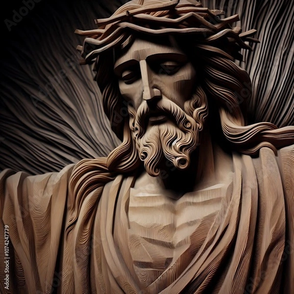 Fototapeta Illustration of wood art intricately to form a figure that appears to be Jesus Christ
