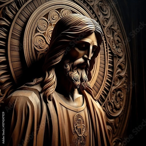 Fototapeta Illustration of wood art intricately to form a figure that appears to be Jesus Christ