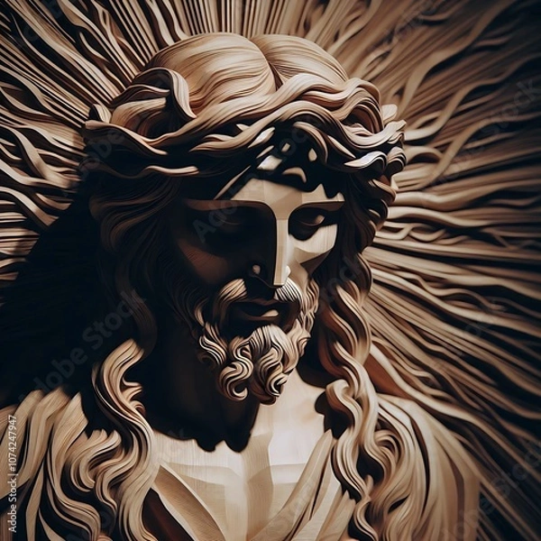 Fototapeta Illustration of wood art intricately to form a figure that appears to be Jesus Christ
