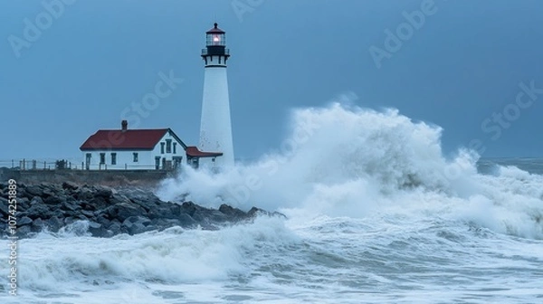 Obraz Lighthouse Withstanding Powerful Waves During a Storm
