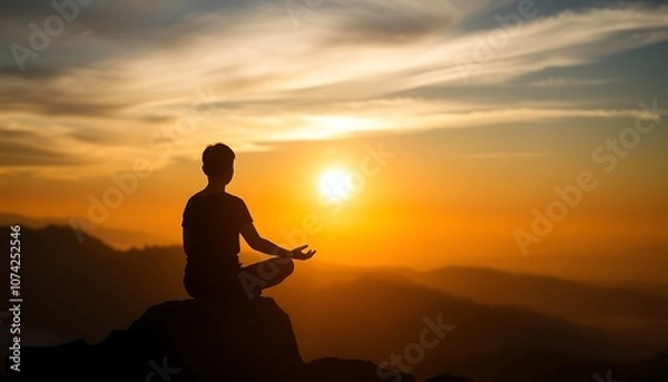 Obraz Silhouette of a person meditating on a mountaintop.