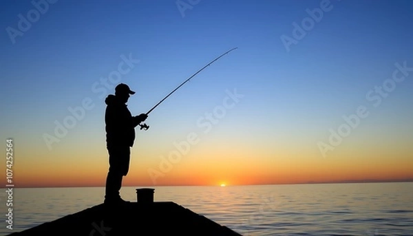 Obraz Silhouette of a fisherman casting a line on a pier.