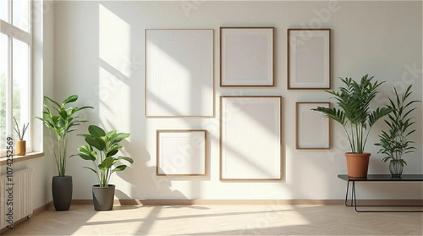 Fototapeta Cute picture frames and flower pots decorate the bright and cozy, naturally lit living room.