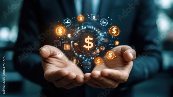 Obraz A businessman showcasing digital currency symbols in his hands, symbolizing investment.