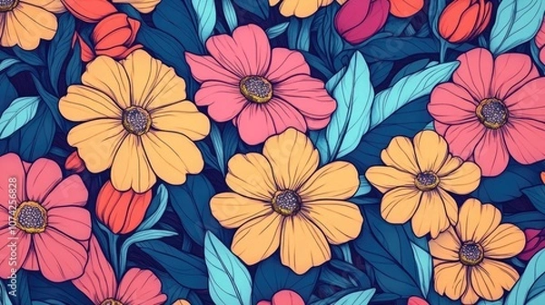 Fototapeta Floral pattern cover design featuring hand drawn vibrant flowers Artistic background suitable for invitations cards books or notebooks A4 size 2D cartoon illustration