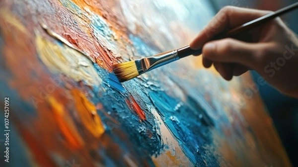 Fototapeta A hands-on perspective of an artist's hand gripping a paintbrush, applying bold strokes of color to a canvas.