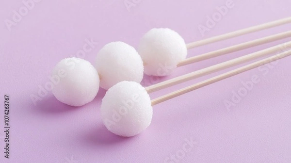 Fototapeta White Round Objects on Sticks on Lavender Background