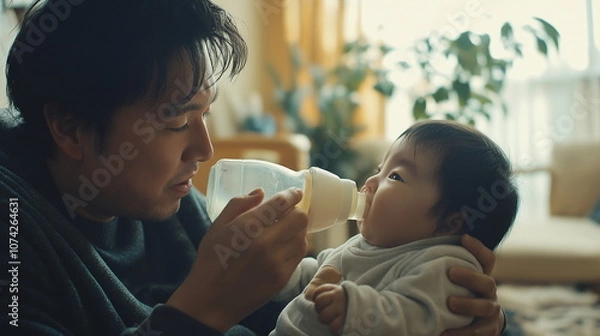 Obraz アジア系の父が哺乳瓶を使ってミルクを赤ちゃんに与えている画像