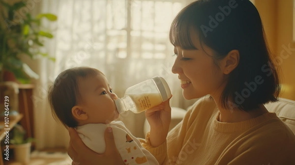 Obraz アジア系の母が哺乳瓶を使ってミルクを赤ちゃんに与えている画像