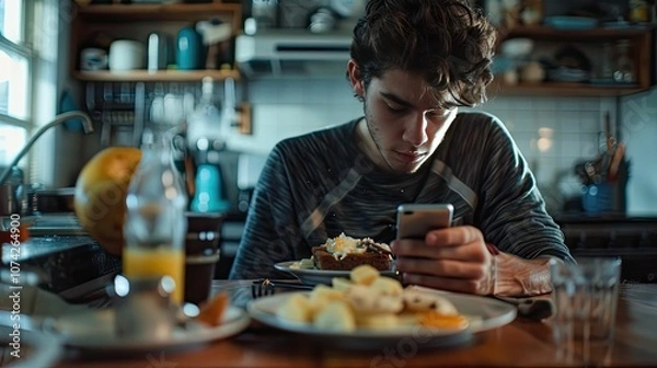 Fototapeta Young man checks phone while eating breakfast.