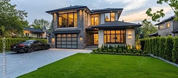 Fototapeta Modern suburban house with a well-manicured lawn, large windows, and a driveway with a luxury car parked, 