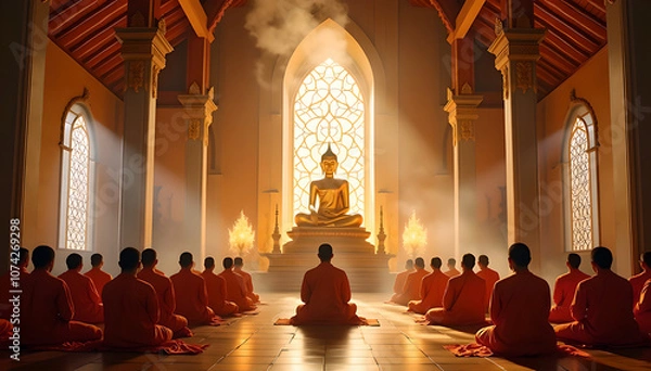Fototapeta Monks Meditating in Temple Hall with Buddha Statue
