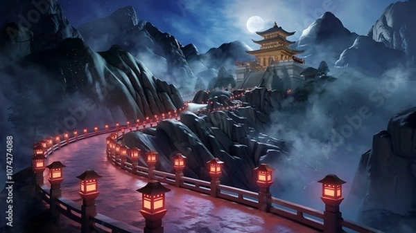 Obraz A Winding Path with Red Lanterns Leading to a Pagoda on a Mountaintop at Night
