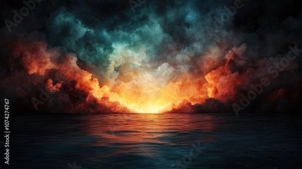 Fototapeta Surreal Seascape with Dramatic Clouds and Glow   Abstract Art Background