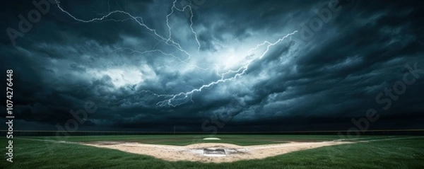 Obraz Dramatic storm clouds loom over an empty baseball field.