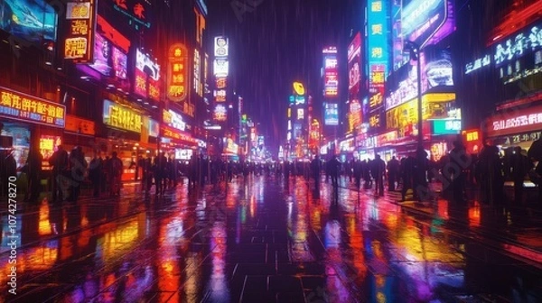 Fototapeta Lively Night Scene of a Bustling City Street with Bright Neon Lights and Reflections on Wet Pavement, Capturing the Vibrancy of Urban Life in Rainy Weather