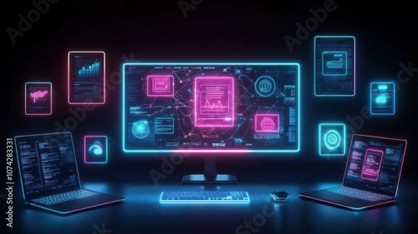 Fototapeta Futuristic digital workspace with glowing screens and devices.