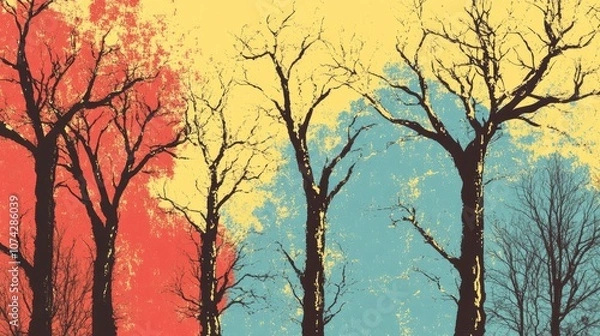 Fototapeta Coloring book illustration of bare trees in springtime with a clear sky