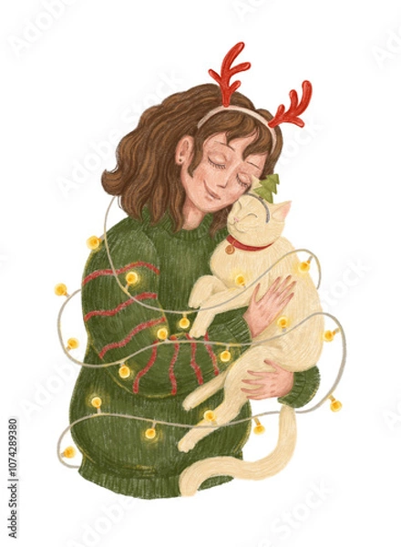 Fototapeta An illustration of a girl and a cat. The girl hugs the cat. Christmas. Christmas elements. Garland. Color digital illustration. The print is used for packaging design, fabric.