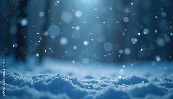 Fototapeta Soft snowfall with glowing blue and white bokeh lights against a dark wintry background.