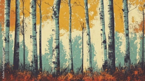 Fototapeta Retro illustration of birch trees in a woodland setting