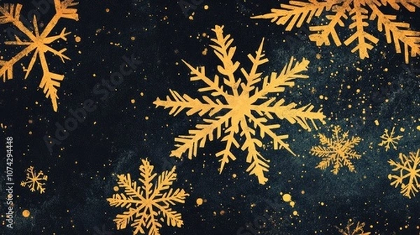 Fototapeta Retro illustration of golden snowflakes cascading against a dark backdrop