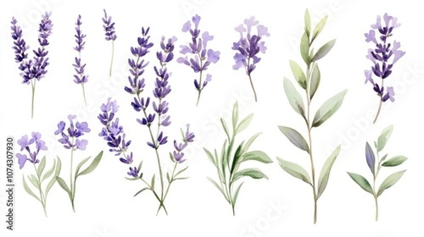 Obraz Watercolor collection of lavender flowers Floral clipart featuring hand drawn botanical illustrations of lavender branches for use in invitations logos cards packaging and labeling