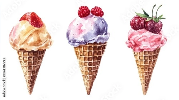 Fototapeta Soft ice cream in a crispy waffle cone featuring strawberry raspberry and cherry flavors Hand painted sweet watercolor illustration isolated on a background suitable for designs menus shop display