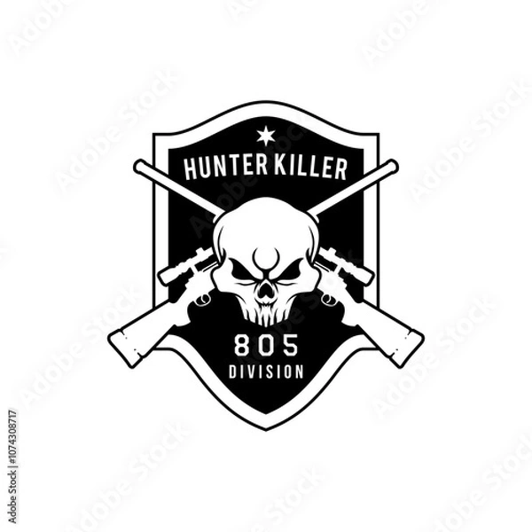 Fototapeta Illustration of Military skull head with Crossed rifle design badge shield logo vector template