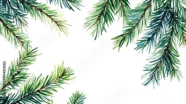 Fototapeta Watercolor border of spruce branches Template for enhancing designs and illustrations