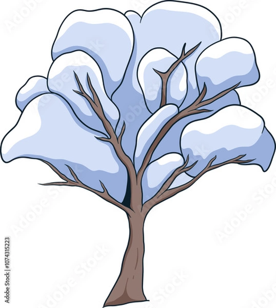 Obraz A tree covered in snow with bare branches. The tree is depicted in a cartoon style. Scene is cold and serene
