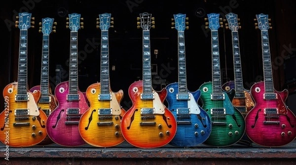 Fototapeta A vibrant collection of electric guitars displayed in a music shop, showcasing various colors and designs under soft lighting