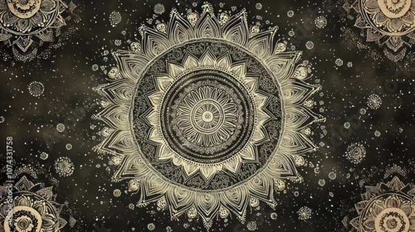 Fototapeta Hand-drawn background with intricate mandala patterns in black on a pastel backdrop, providing a calming and detailed aesthetic