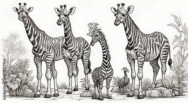 Fototapeta “Playful Zoo Animals Coloring Page” – Simple Line Drawing of Zoo Animals Including a Giraffe, Zebra, and Parrot for Kids’ Coloring on a White Background