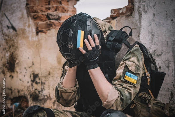 Fototapeta A soldier in uniform with a machine gun sits on the ruins of a destroyed building and covers his face with his hand. Post-traumatic stress disorder concept