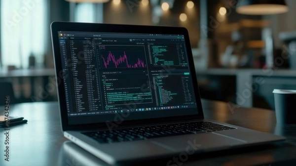 Fototapeta Modern Laptop with Data Analysis on Screen