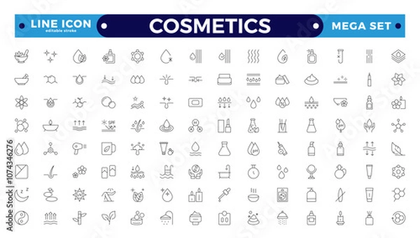 Fototapeta Cosmetics Outline icons set. Moisture cream, acid, anti-wrinkle serum, ceramide, collagen, retinol compound, sunscreen vector illustration. Editable stroke outline icon.