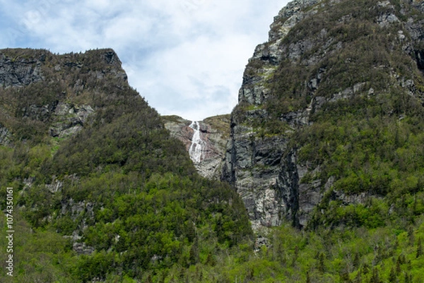 Fototapeta A stunning waterfall cascades from the top of a cliff face in Gros Morne, adding to the dramatic beauty and natural allure of this rugged and serene national park.