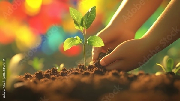 Fototapeta 3D Cartoon Scene of Earth Day Child s Hands Planting a Seedling in Soil with Colorful Blurred Backgrounds Celebrating Organic Gardening and Ecology