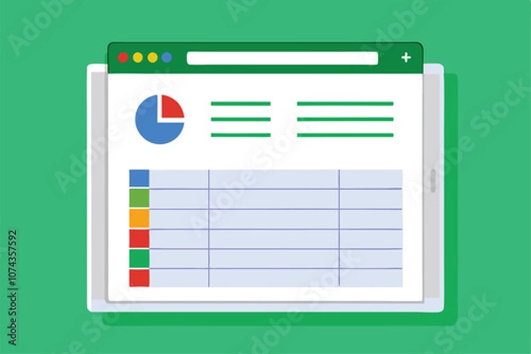 Fototapeta A digital device shows a split-screen with colorful charts and a detailed spreadsheet layout, indicating data analysis, Customizable cartoon illustrations for spreadsheets.