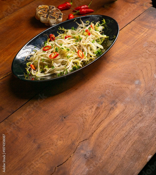 Fototapeta bean sprout soup vegetable with chili garlic onion garnish condiment empty copy space 