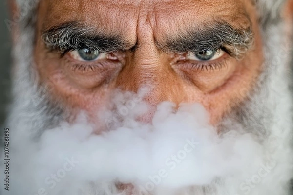 Fototapeta A man with a white beard and mustache smoking a cigarette