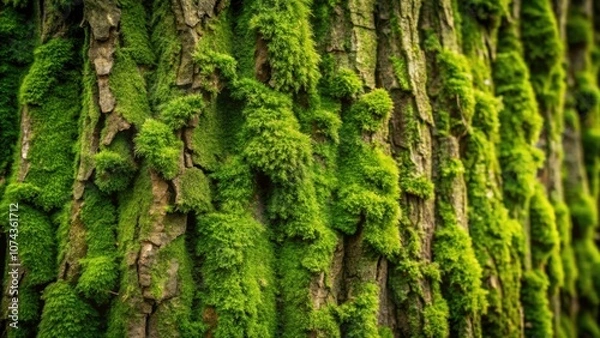 Fototapeta Green bark background covered in moss, bark, green, texture, nature, close up, details, forest, tree, rough, outdoors
