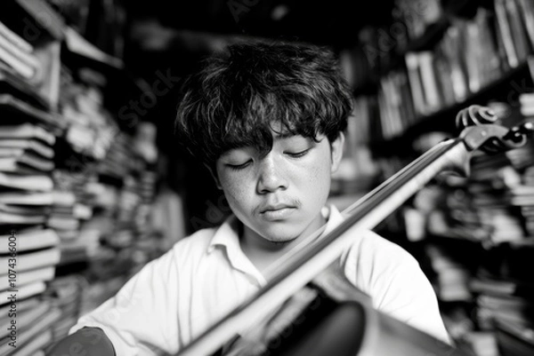 Fototapeta A young boy playing a violin in front of a bookshelf