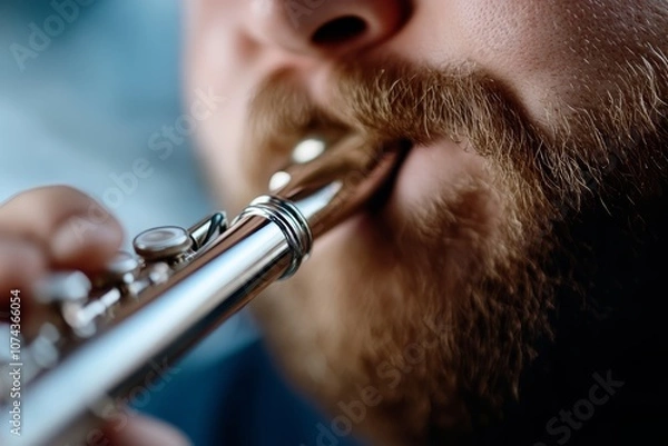 Fototapeta A man with a beard playing a flute