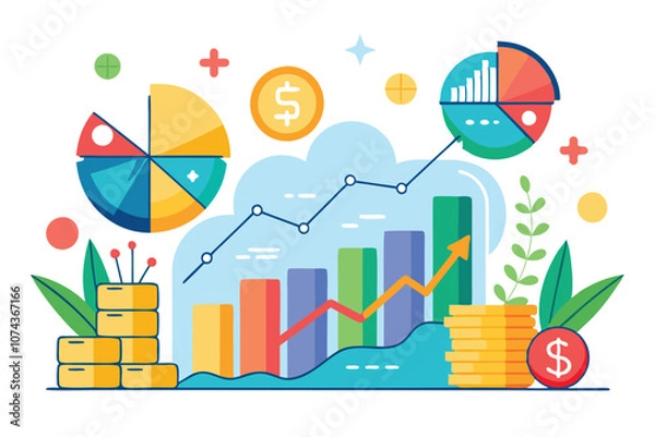 Fototapeta Visual representation of investment data highlights financial growth with charts and symbols in vibrant colors, investment data, simple illustration