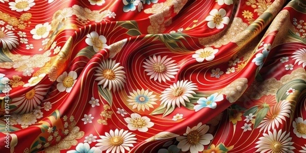 Obraz Beautiful Japanese pattern fabric swaying in the wind, Japan, traditional, textile, kimono, design, elegant, vintage, culture